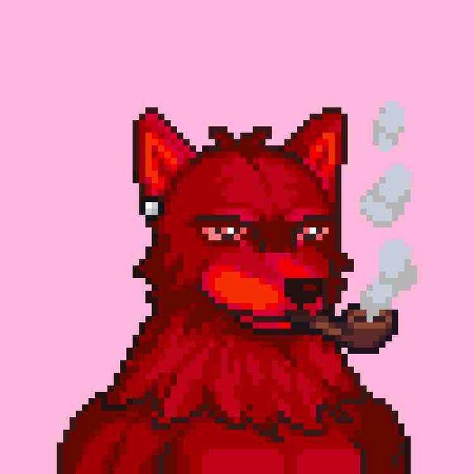 Pixel art of a red wolf-like character smoking a pipe against a pink background.