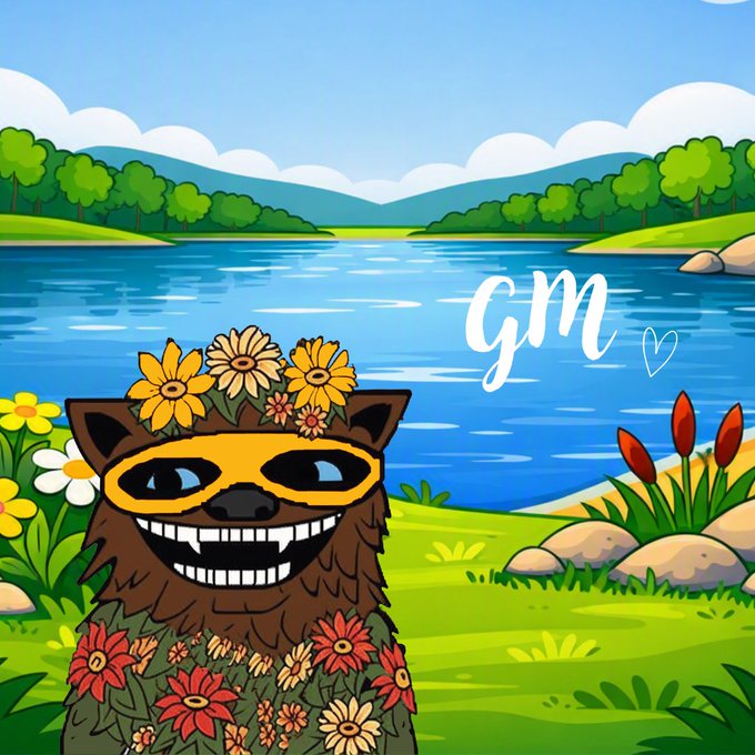 A whimsical illustrated scene featuring a furry creature with flowers on its head in front of a lake, with the text 'GM' and a heart written in the sky.