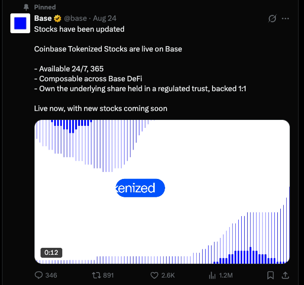 A pinned post from @base on X announces that Coinbase Tokenized Stocks are now live on Base, available 24/7, composable across Base DeFi, and backed 1:1, with an attached video.