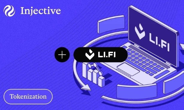 A digital illustration on a blue background showing "Injective" and "LI.FI" logos, featuring an isometric laptop and chart, labeled "Tokenization."