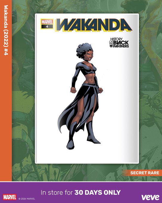 A promotional graphic for a Marvel digital collectible on Veve features a comic-book illustration of a Black female superhero in a black outfit, titled "WAKANDA" and "HISTORY OF THE BLACK PANTHERS", labeled as "SECRET RARE" and "In store for 30 DAYS ONLY".