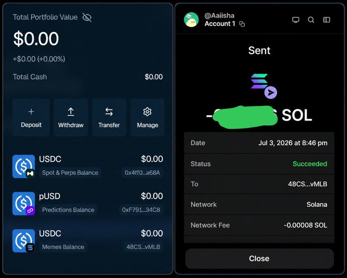 A crypto wallet interface showing a $0.00 Total Portfolio Value with USDC, pUSD, and Memes balances, alongside a transaction confirmation for sending SOL on the Solana network, marked as 'Succeeded' on Jul 3, 2026.
