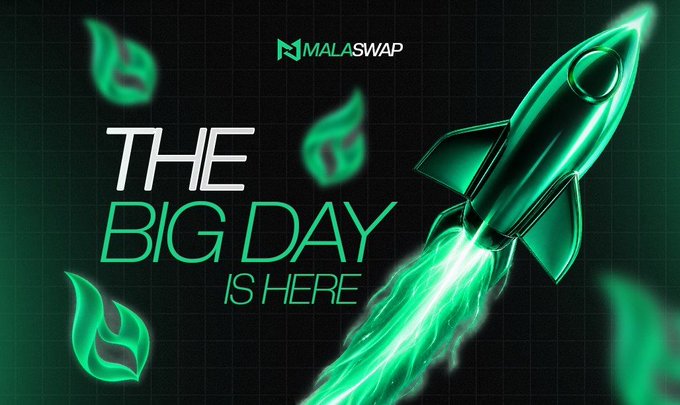 A promotional graphic for Malaswap reading 'THE BIG DAY IS HERE' featuring a green rocket ship with flames against a dark green background.