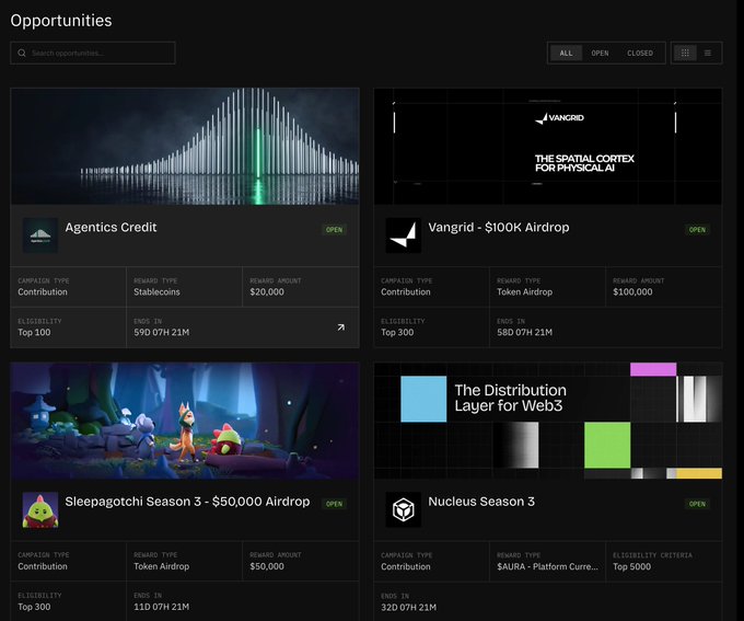A dark-themed dashboard displays 'Opportunities' with four campaigns: Agentics Credit, Vangrid - $100K Airdrop, Sleepagotchi Season 3 - $50,000 Airdrop, and Nucleus Season 3, showing reward amounts and eligibility criteria.