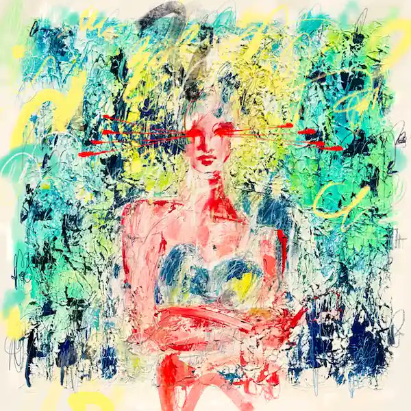 An abstract expressionist painting of a figure in a tutu with vibrant green, yellow, and blue brushstrokes in the background, accented by a bold red horizontal line across the eyes.