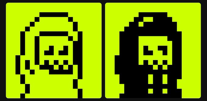 Two pixel-art hooded figures rendered in lime green and black, styled like 8-bit characters, fitting the crypto-themed "Hoodies" branding of @OnChainHoodies and @0xfilter8 referenced in the post.