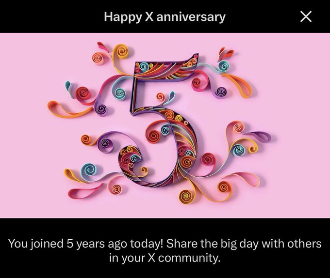 A digital anniversary notification from X (formerly Twitter) celebrating the user's 5-year milestone, featuring colorful quilled paper artwork of the number "5" with swirling ribbons on a pink background. The caption "guess i am unc. love some of yall" humorously reflects on reaching this 5-year mark on the platform, with "unc" likely being slang for "uncle" or a playful expression of feeling old from the anniversary reminder.