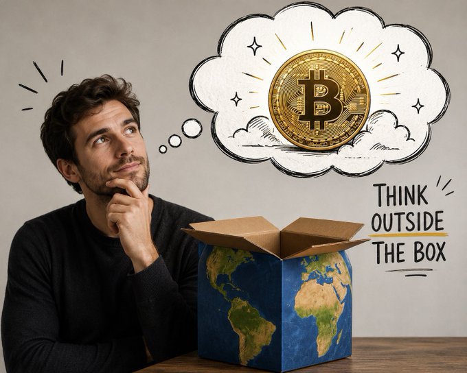 A man sits at a table looking thoughtfully at a cardboard box decorated with a world map, with a thought bubble showing a Bitcoin coin and the text 'THINK OUTSIDE THE BOX'.