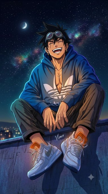 An anime-style illustration of a smiling young man with spiky black hair, goggles, and an Adidas hoodie, sitting against a starry night sky with a crescent moon.