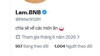 A Twitter/X profile for 'Lam.BNB' (@Peter91201) shows the bio 'chia sẻ về các món ăn 🍲', joined June 2026, with 957 following and 1,004 followers.