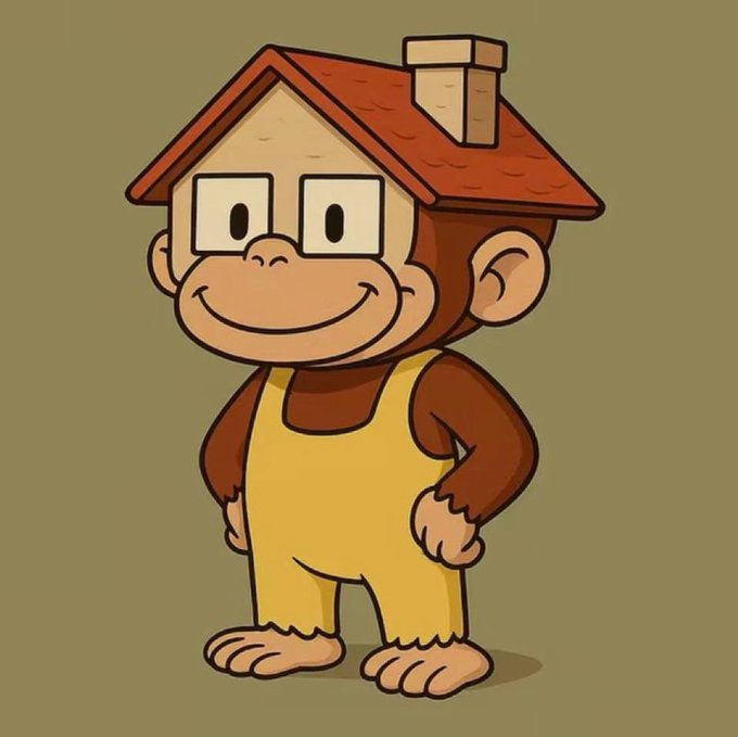 A cheerful monkey character wearing yellow overalls with a small house perched on its head stands smiling against an olive background, giving off relaxed, laid-back vibes that match the "gchill" post.