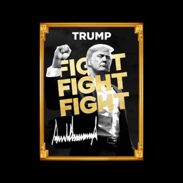 A framed poster features Donald Trump with his fist raised, overlaid with the text "TRUMP FIGHT FIGHT FIGHT" in bold gold lettering against a black background. The image serves as a visual representation of Trump's $TRUMP memecoin, tying into the news that nearly 1 million investors lost $3.8 billion on the controversial cryptocurrency.