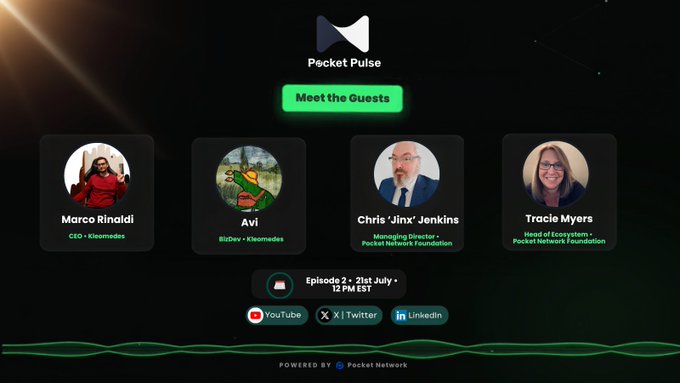 Promotional graphic for Pocket Pulse Episode 2 featuring guests Marco Rinaldi (CEO of Kleomedes), Avi, Chris 'Jink' Jenkins (Managing Director, Pocket Network Foundation), and Tracie Myers (Head of Ecosystem), airing 31st July at 12 PM EST on YouTube, X/Twitter, and LinkedIn.