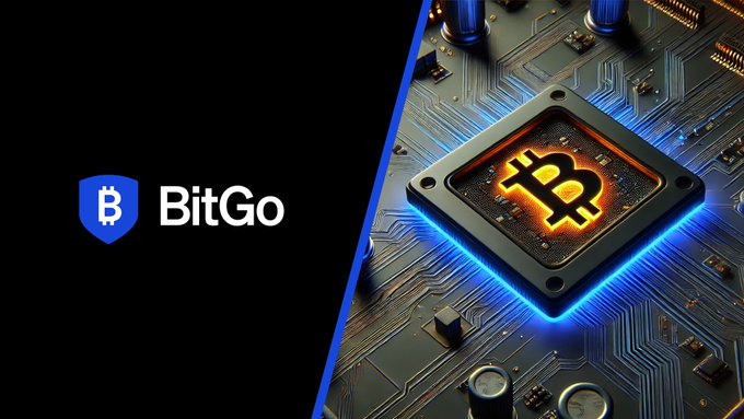 The image features the BitGo logo on the left alongside a stylized graphic of a Bitcoin chip on a circuit board, visually representing the company's expansion into institutional trading following its acquisition of NYDIG's institutional trading business.