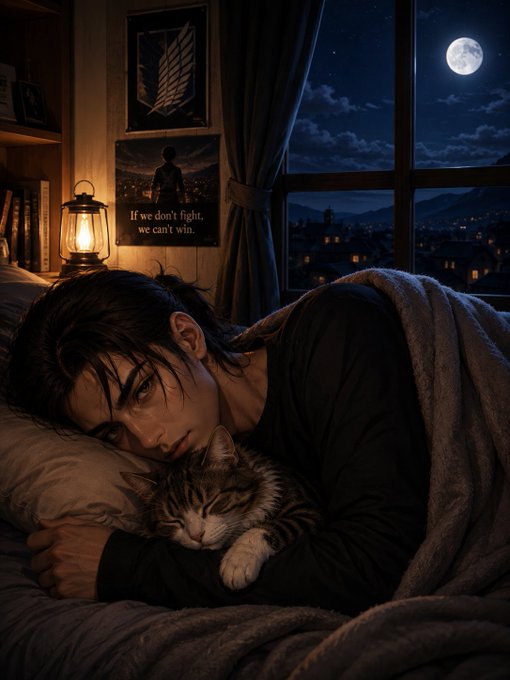 An anime-style illustration of a young man sleeping peacefully with a tabby kitten under a blanket, beside a window showing a full moon and night sky; a poster on the wall reads 'If we don't fight, we can't win.'