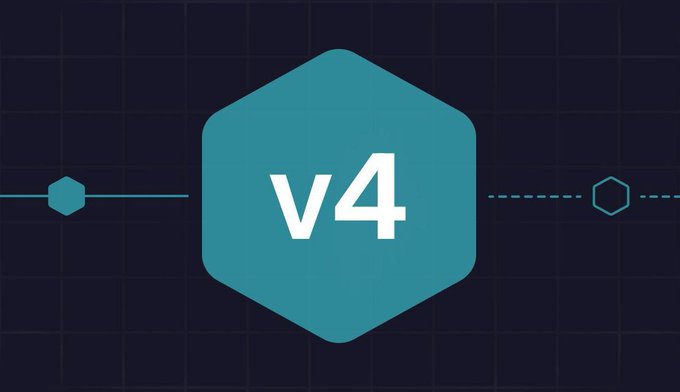 A teal hexagonal badge displaying 'v4' on a dark navy grid background with horizontal line accents.