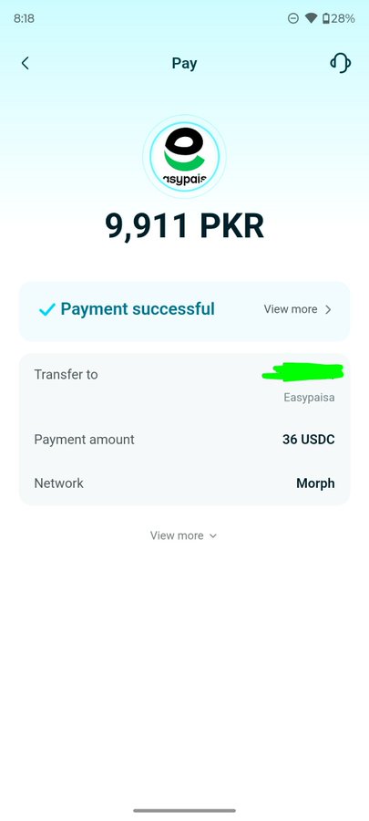 A payment confirmation screen shows a successful transfer of 36 USDC (≈9,911 PKR) to an Easypaisa account via the Morph network, illustrating how digital crypto payments are being used for everyday financial transactions in Pakistan.
