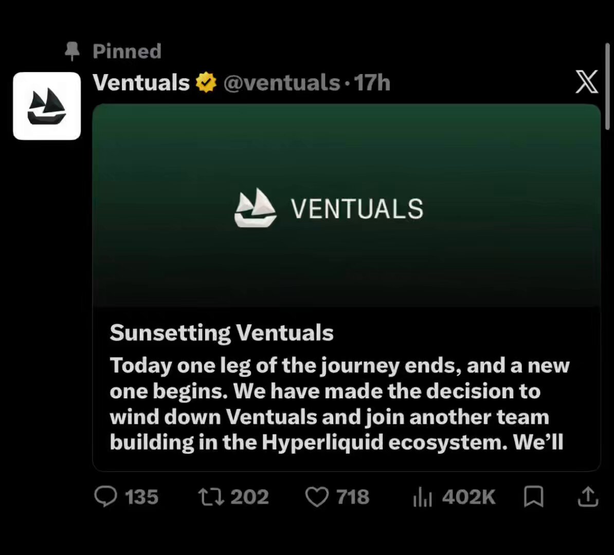 The image shows a social media post containing information about ventuals, which appears to be an announcement or update related to the ventuals app. The content of the post includes details about various projects that have been shut down after April 202nd.