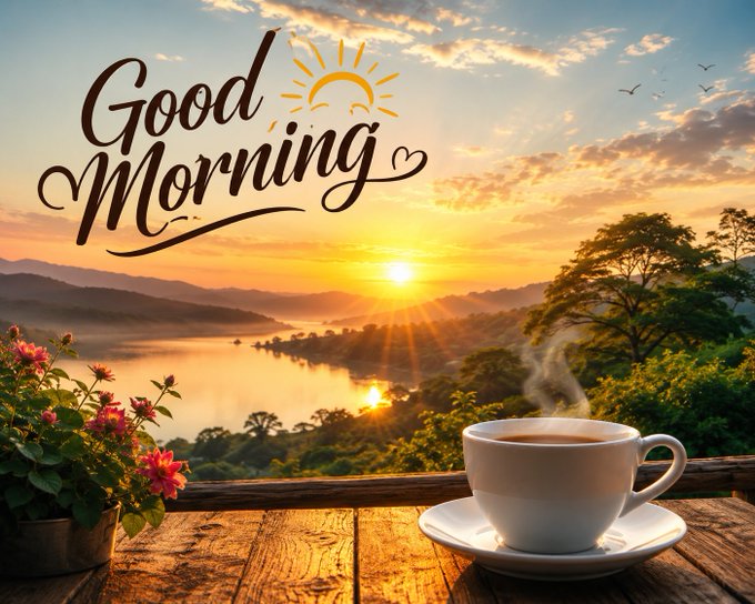 A scenic digital illustration featuring the text 'Good Morning' over a sunrise over a lake, with a steaming cup of coffee on a wooden table in the foreground.