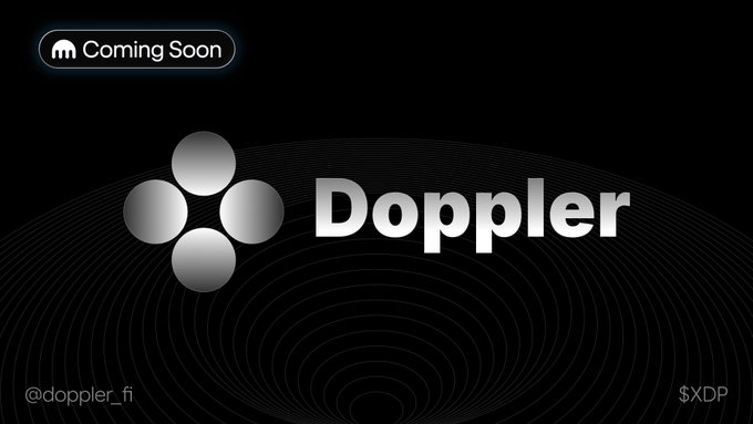 A black promotional graphic with a 'Coming Soon' badge, featuring the 'Doppler' logo with a cluster of gray gradient circles, the handle '@doppler_fi' in the bottom left, and '$XDP' ticker in the bottom right.