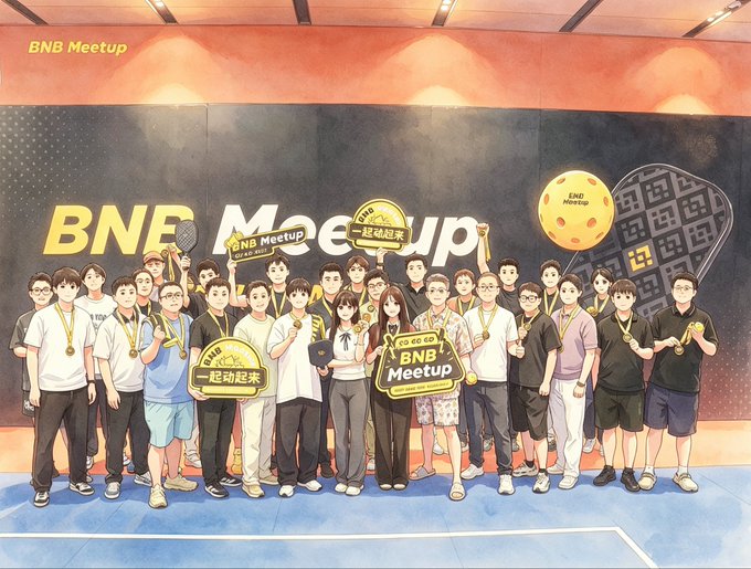 Group photo of people wearing medals, standing in front of a 'BNB Meetup' banner with cartoon avatars and a BNB coin graphic.