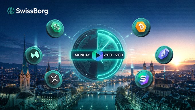 The image features a clock with various symbols representing different cryptocurrencies such as Bitcoin, Ripple, and Litecoin. The clock also displays the time of 6:00 PM. Below the clock, there are six different icons representing different cryptocurrency symbols. These icons include Bitcoin, Ripple, Litecoin, and others. The background shows a cityscape at sunset, which adds to the overall atmosphere of the image.