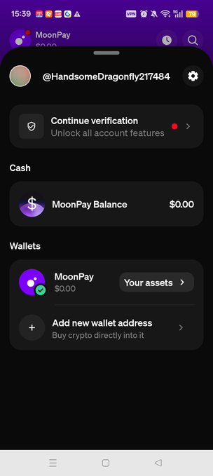 Screenshot of the MoonPay app showing a user profile (@HandsomeDragonfly217484) with a $0.00 MoonPay Balance and a prompt to 'Continue verification' and 'Add new wallet address'.