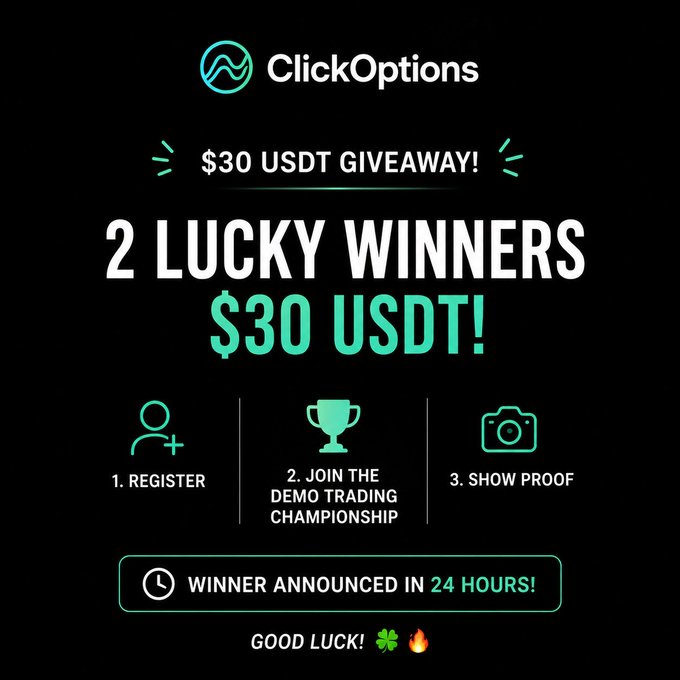 ClickOptions promotional graphic advertising a $30 USDT giveaway with two lucky winners, outlining a three-step entry process (Register, Join Demo Trading Championship, Show Proof) and noting winners will be announced in 24 hours, with a link to clickoptions.ai.