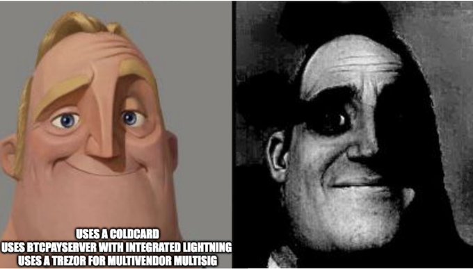 A side-by-side meme featuring Mr. Incredible on the left as a normal cartoon character and on the right as a dark, unsettling version, with text describing secure Bitcoin storage practices: "Uses a coldcard, Uses BTCPayServer with integrated lightning, Uses a Trezor for multivendor multisig."