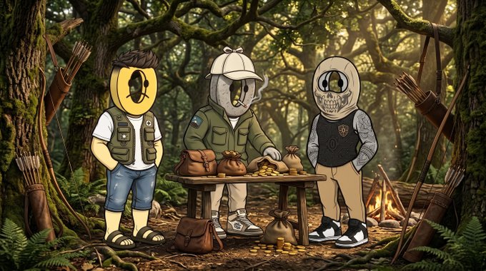 A cartoon illustration depicting three characters with cryptocurrency token logos (Solana, Ethereum, and ApeCoin) as heads, dressed as explorers/adventurers in a forest setting with treasure bags of gold coins.