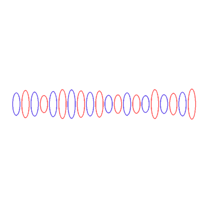 An abstract pattern of overlapping red and purple vertical ovals arranged in a horizontal row on a white background.