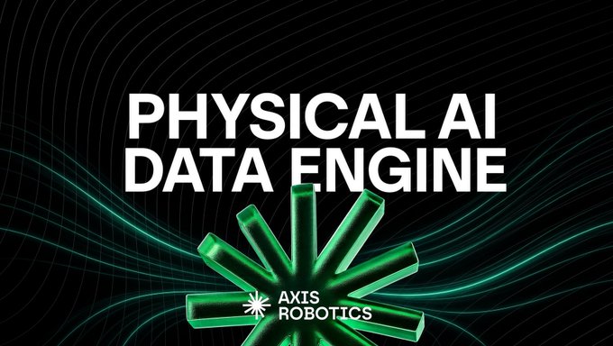 A promotional graphic with the text 'PHYSICAL AI DATA ENGINE' and the 'AXIS ROBOTICS' logo, set against a dark background with green glowing accents.