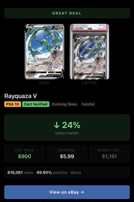 A listing for a PSA 10 Gem Mint Rayquaza V card from the Evolving Skies set is shown on eBay for $900 with $5.99 shipping, marked as 24% below the $1,191 market estimate. The "Great Deal" badge and "Cert Verified" tag highlight the below-market pricing referenced in the post about snagging vault cards at a discount.
