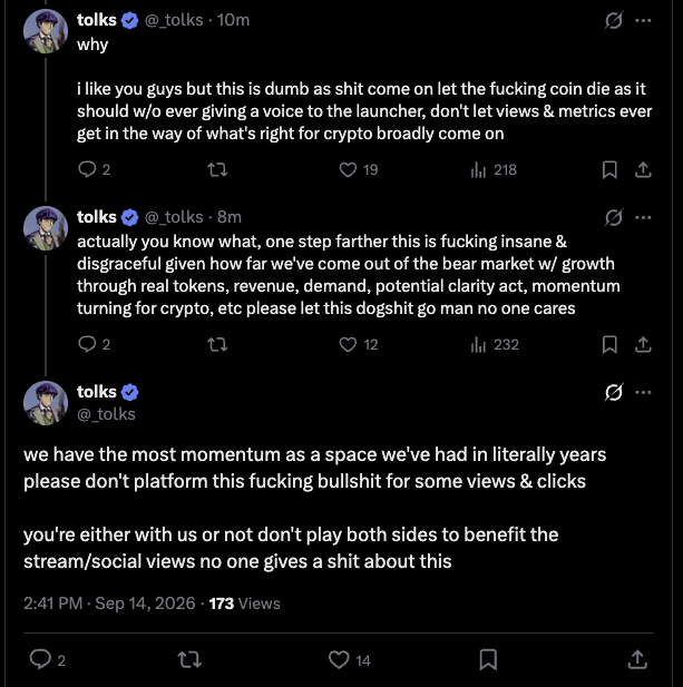 A screenshot of a X/Twitter thread from user @_tolks containing several angry posts criticizing platforming and mentioning 'crypto', 'launcher', and 'momentum'.