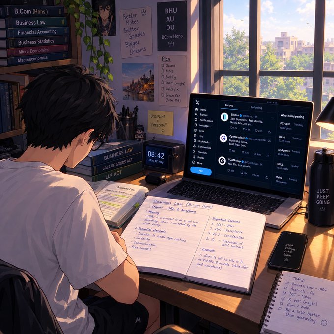 An anime-style illustration shows a young man studying business law at a desk, with study materials, a laptop displaying social media, and motivational signs reading "Better Grades, Bigger Dreams" and "BHU AU DU BCom Hons".