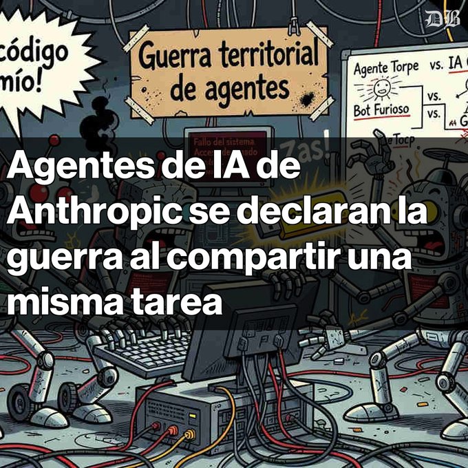 A cartoon illustration with Spanish text reading "Guerra territorial de agentes" and a headline overlay: "Agentes de IA de Anthropic se declaran la guerra al compartir una misma tarea," showing robots in a chaotic office setting.