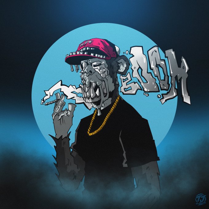 A cartoon-style illustration of a monkey wearing a pink cap, gold chain, and black shirt, smoking a joint with graffiti text behind it.