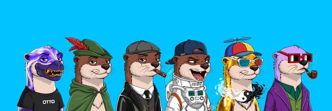 Six stylized otter NFT avatars with various outfits and accessories stand in a row against a blue background, representing winners of a contest. One otter's shirt displays the name "OTTO," linking to the Otter Space NFT collection, while the accompanying post announces the winners and directs them to a Google spreadsheet to check results.