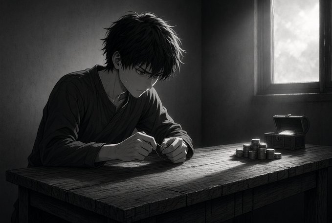 A monochrome illustration of a young man with messy dark hair sitting at a wooden table in a dimly lit room, with a small open treasure chest and stacks of coins beside him.
