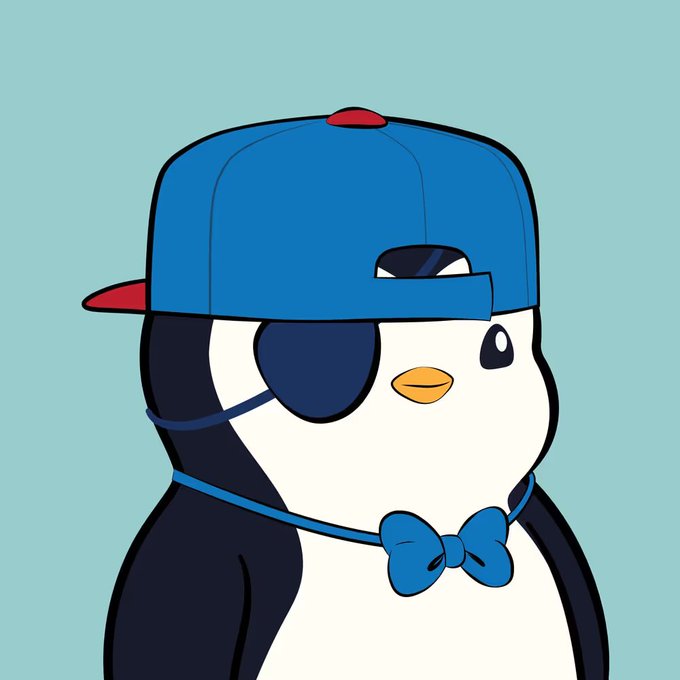 A cartoon illustration of a cute penguin wearing a blue baseball cap backward, an eye patch, and a blue bow tie against a light blue background.