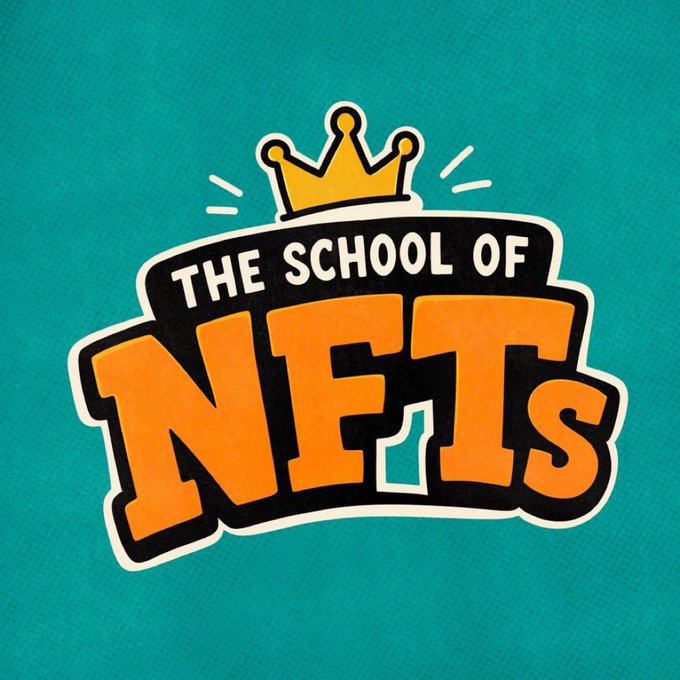 A logo for 'The School of NFTs' featuring an orange banner with a gold crown on top, set against a teal textured background.