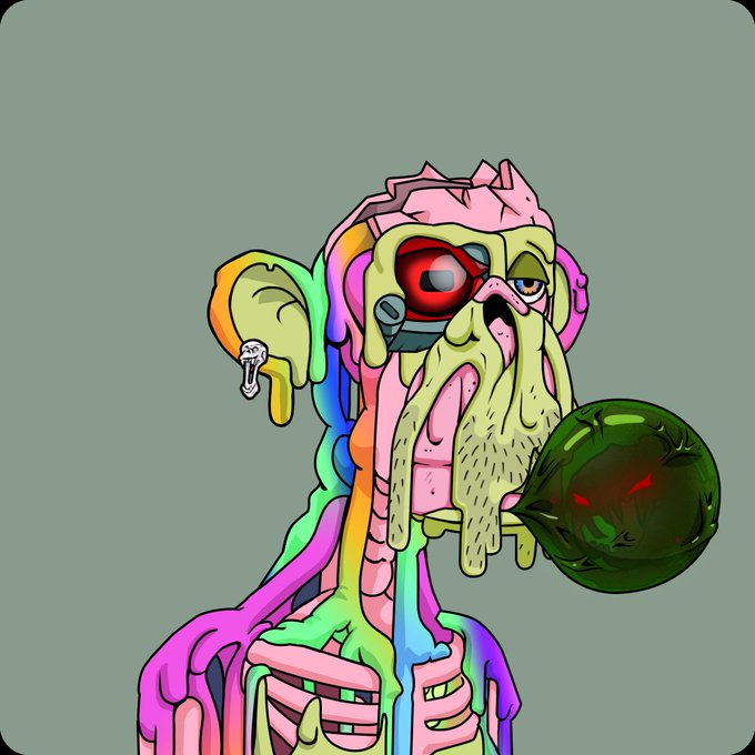 A colorful cartoon illustration of a grotesque, melting figure with a red eye, exposed pink brain, and rainbow-colored skeletal structure holding a dark green orb.