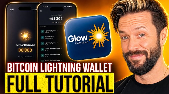 A YouTube thumbnail featuring a smiling bearded man alongside the "Glow From Breez" Bitcoin Lightning Wallet app and smartphones displaying a payment received screen showing 88,000 sats and a balance of ₿61,305, promoting a full tutorial on setting up the wallet.