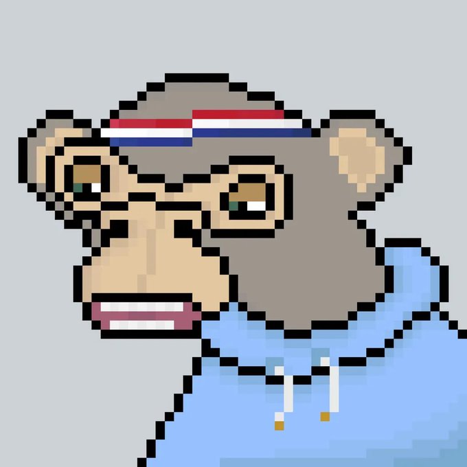 Pixel art illustration of a grey-furred Bored Ape wearing a red, white, and blue headband and a blue hoodie.