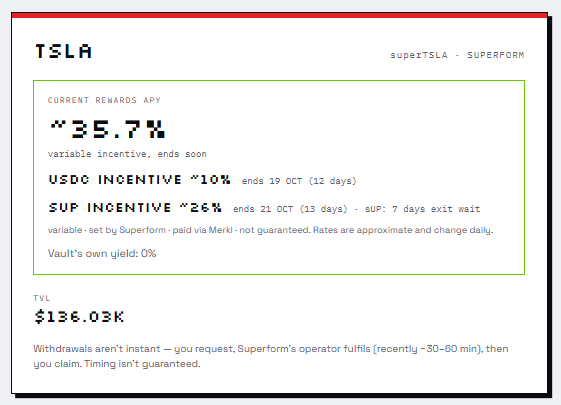 A financial dashboard for TSLA on Superform showing a current rewards APY of ~35.7%, a USDC incentive of ~10%, and a SUP incentive of ~26%, with a TVL of $136.03K.