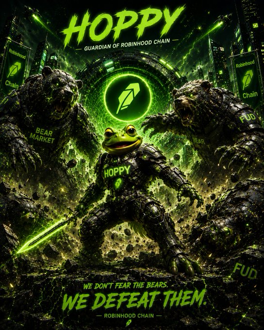 A crypto/meme coin promotional poster for 'HOPPY - Guardian of Robinhood Chain' featuring an anthropomorphic frog warrior in armor holding a green sword, flanked by two bear figures labeled 'BEAR MARKET' and 'FUD', with the tagline 'WE DON'T FEAR THE BEARS. WE DEFEAT THEM.'