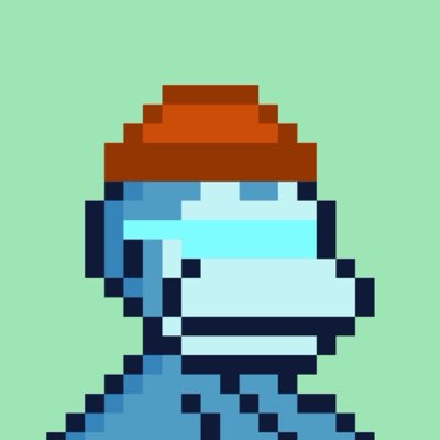 A pixel art illustration depicts a blue robot or astronaut character with a glowing cyan visor and an orange hat against a green background.