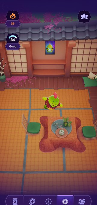 A screenshot from a Pokémon-style mobile game showing a Shroomish character in a Japanese-style room with tatami mats, a low table, and house stats in the corner.