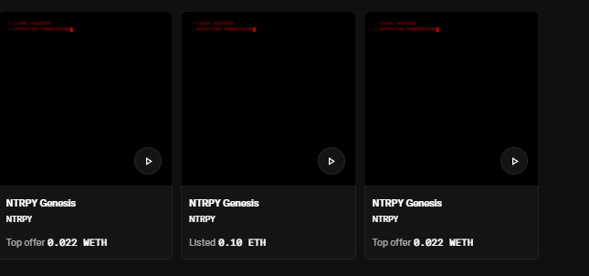 The image displays three NFT listings from the NTRPY Genesis collection, with two showing a top offer of 0.022 WETH and the center listing at 0.10 ETH, visually representing the user's request to @0xNTRPY to showcase their collection or offerings.