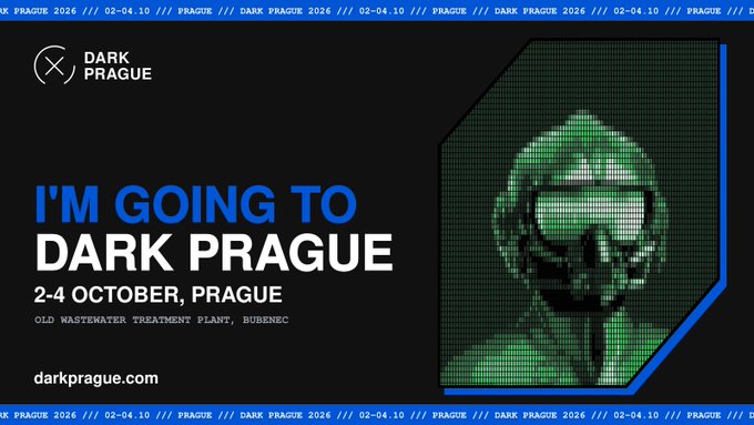 Promotional banner for 'Dark Prague' featuring a green-tinted hooded figure with a pixelated face, advertising the event on 2-4 October at the Old Wastewater Treatment Plant, Bubeneč.